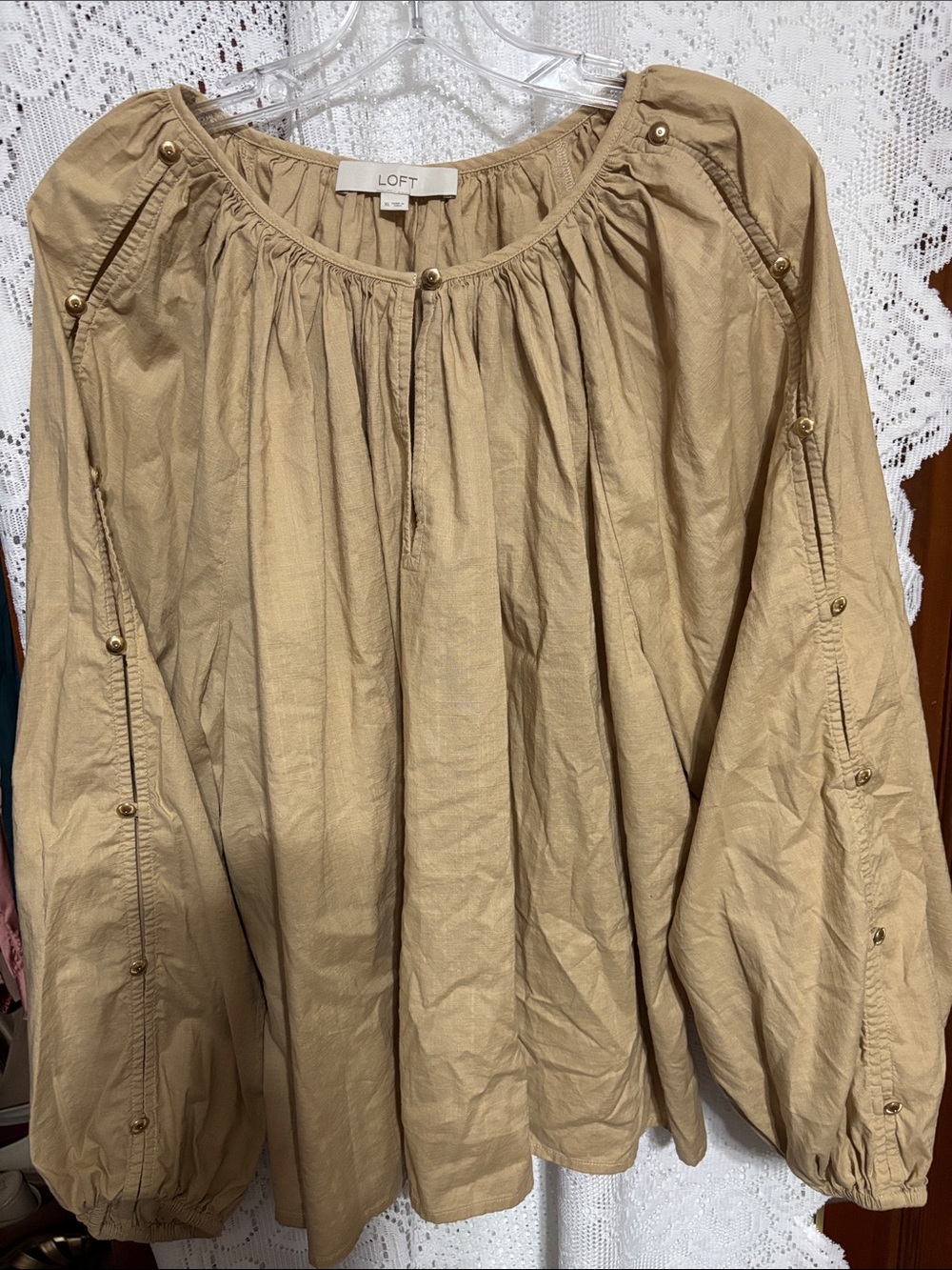 LOFT Tan Peasant Blouse with Button-Trim Sleeves